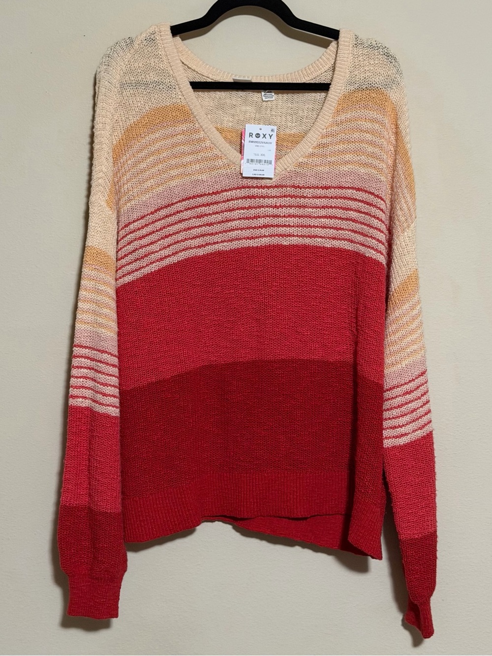 Roxy Red, Cream & Gold Striped V-Neck Sweater